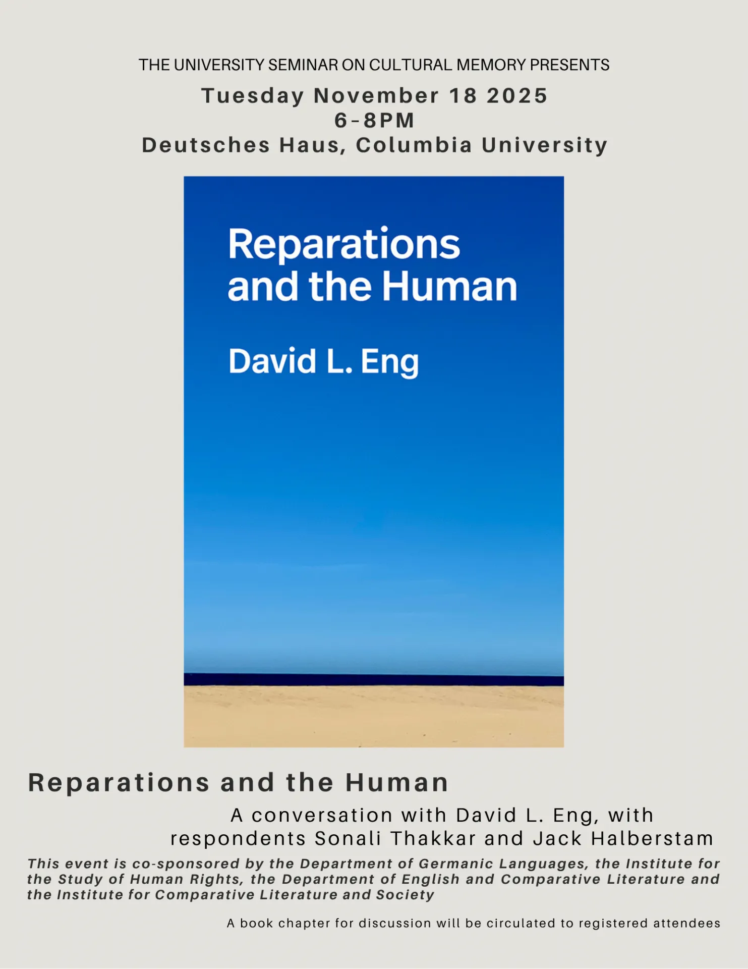 Poster for event Reparations and the Human: A Conversation with David L. Eng.

